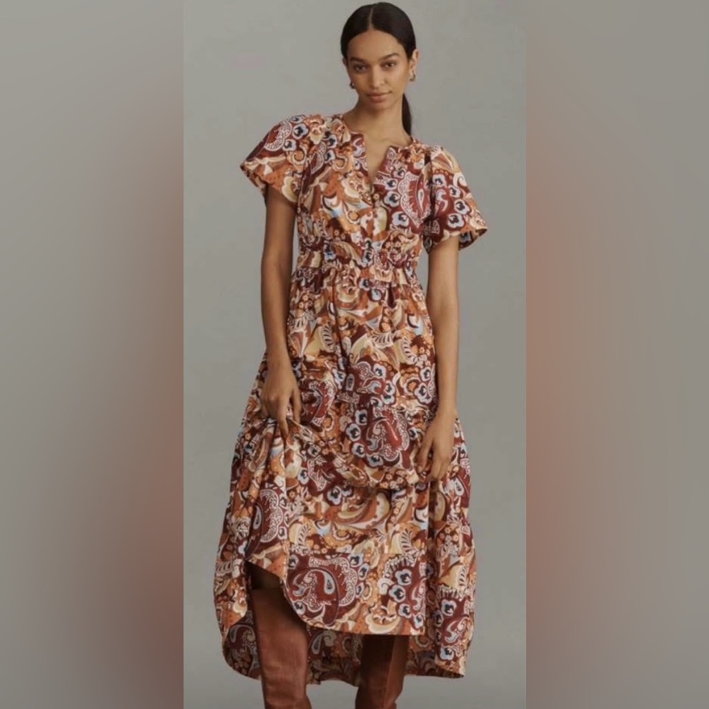 Anthropologie Somerset Paisley Print Maxi Dress in Brown and Cream